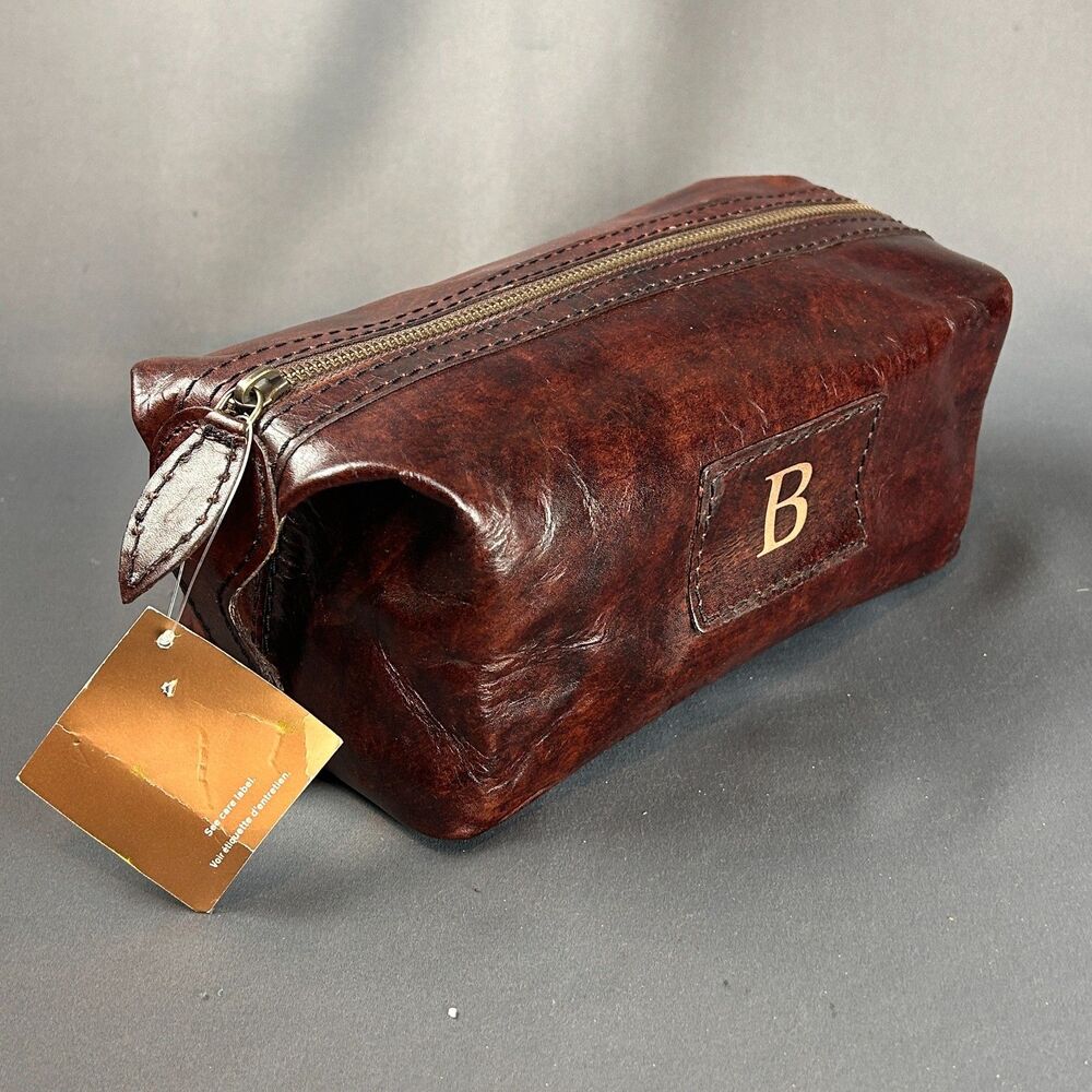 Pottery Barn Saddle Leather Toiletry Case “B” Monogram Dark Brown NWT